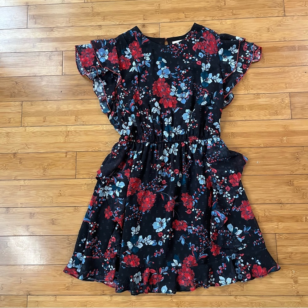 Dolan Julia Clip Dot Jacquard Chiffon Black and Red Floral Mini Ruffle Dress - Picture 2 of 10